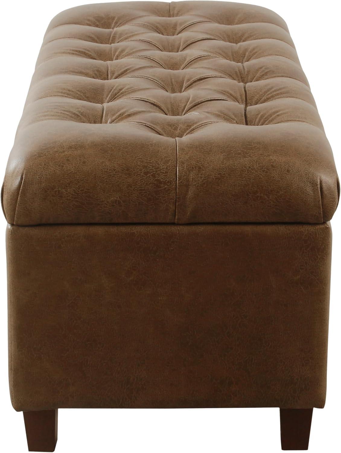 imageHomePop Large Upholstered Rectangular Storage Ottoman Bench with Hinged Lid NavyDistressed Brown Faux Leather