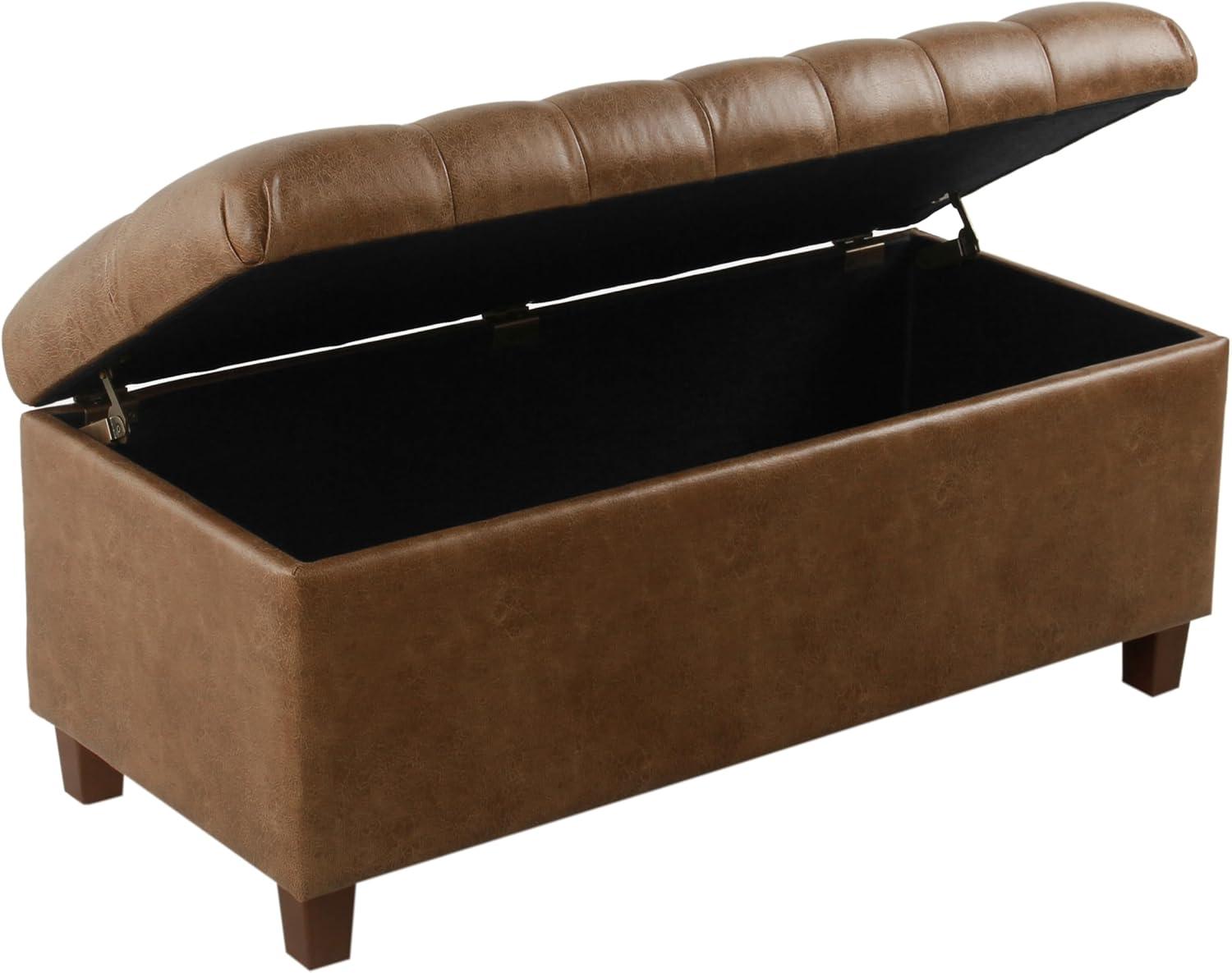 imageHomePop Large Upholstered Rectangular Storage Ottoman Bench with Hinged Lid NavyDistressed Brown Faux Leather