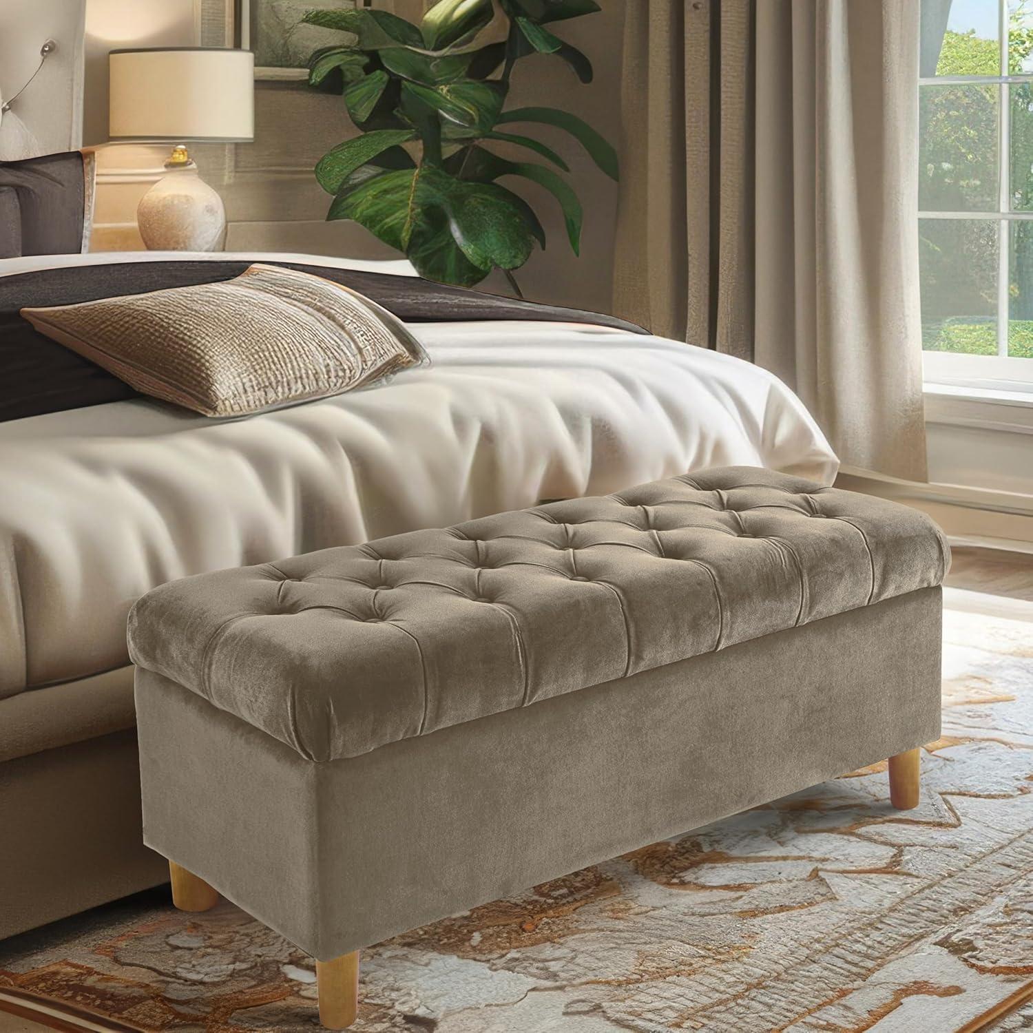 imageHomePop Large Upholstered Rectangular Storage Ottoman Bench with Hinged Lid NavyFawn Velvet