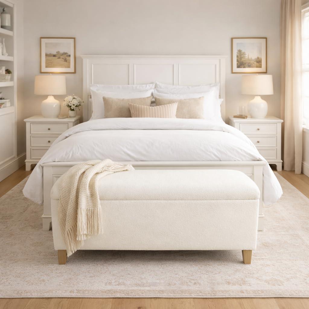 imageHomePop Large Upholstered Rectangular Storage Ottoman Bench with Hinged Lid NavyPearl Cream