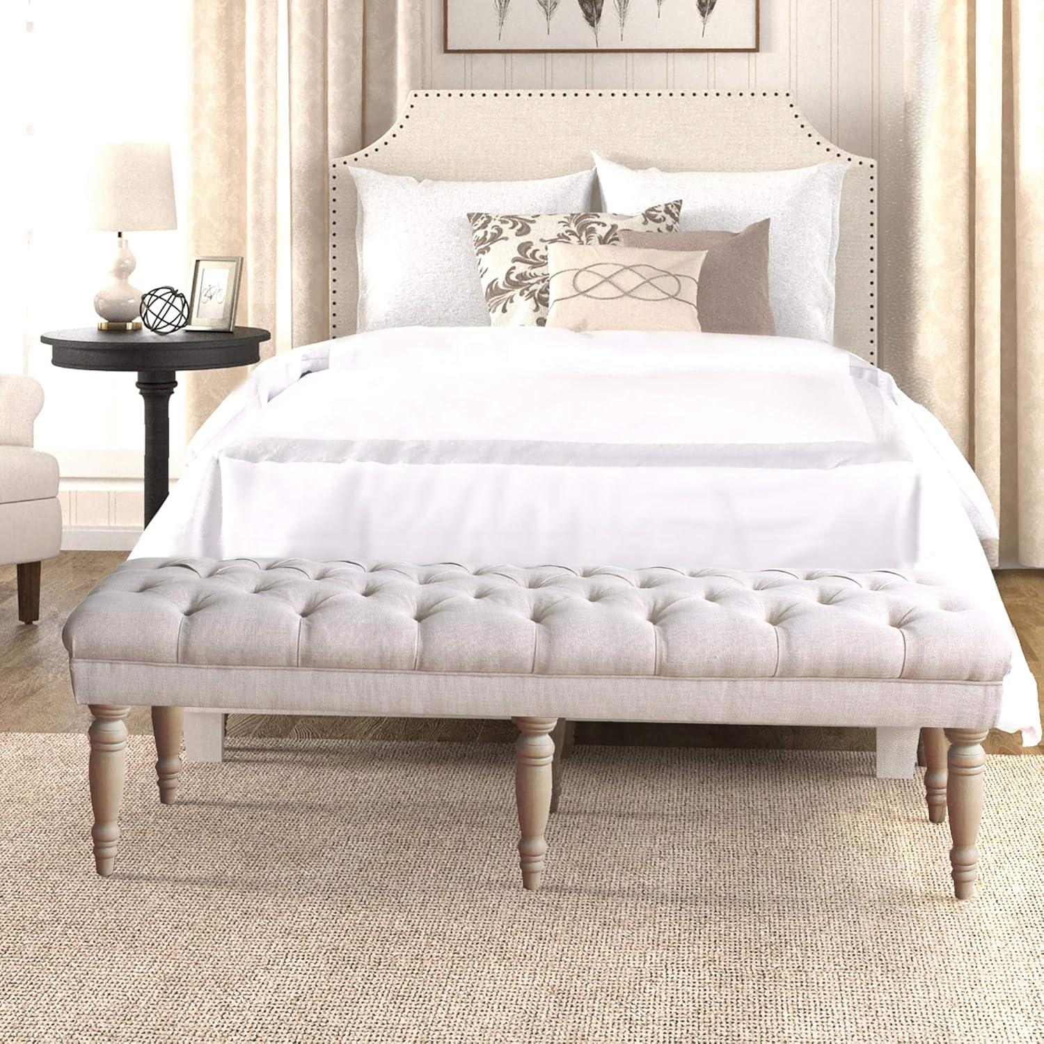 imageHomePop Layla Button Tufted Bench with Decorative Wood Legs Natural