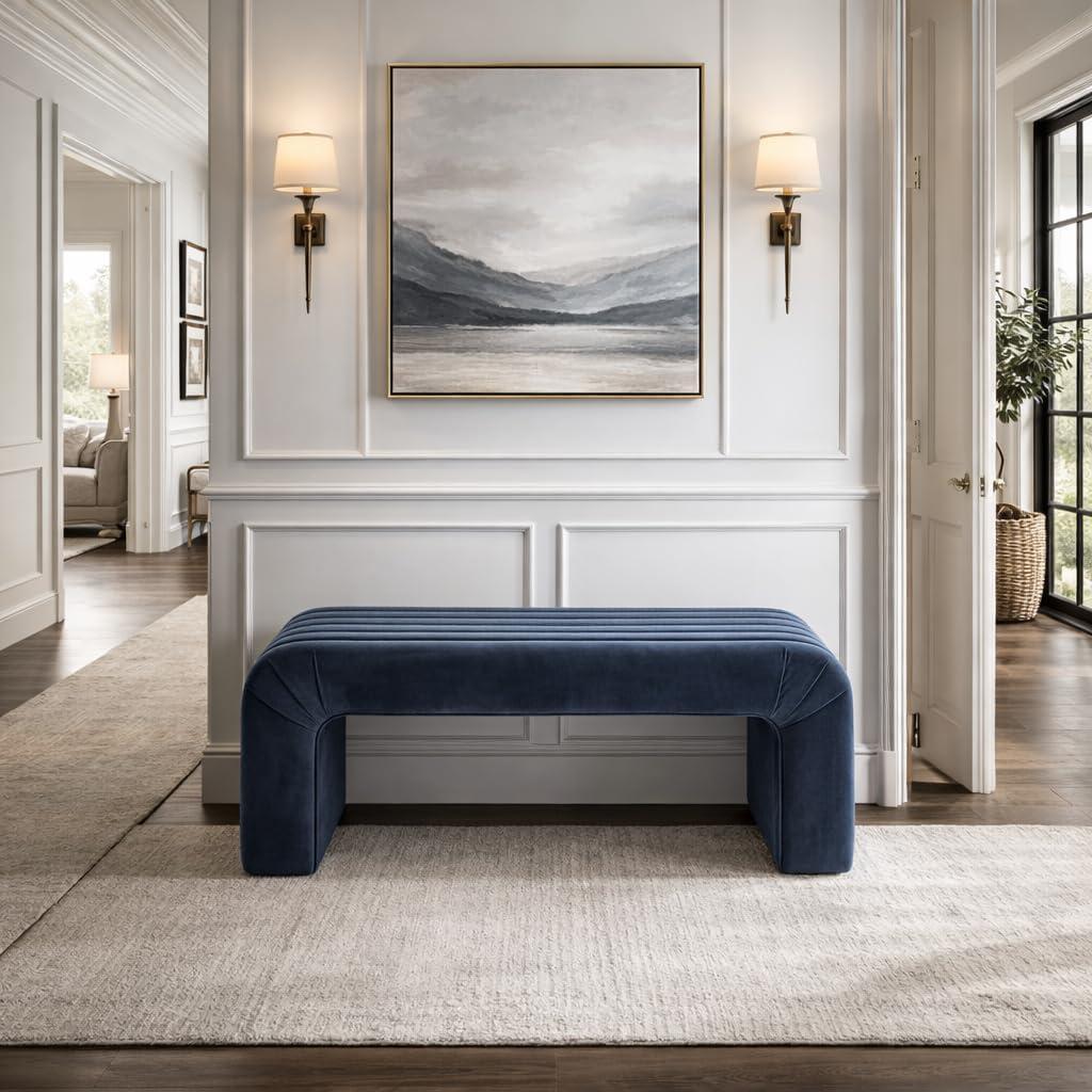 imageHomePop Modern Channel Tufted Faux Leather OttomanHomepop Home DcorOttoman for Living Room amp Bedroom Black Faux LeatherBlue Velvet
