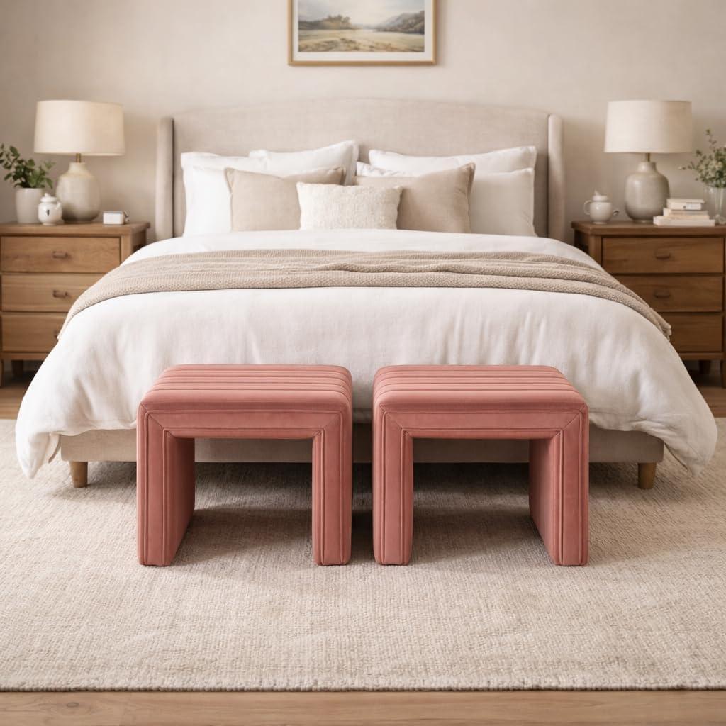 imageHomePop Modern Channel Tufted Velvet OttomanHomepop Home DcorOttoman for Living Room amp Bedroom GreenBlush Pink