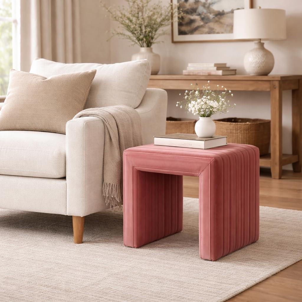 imageHomePop Modern Channel Tufted Velvet OttomanHomepop Home DcorOttoman for Living Room amp Bedroom GreenBlush Pink