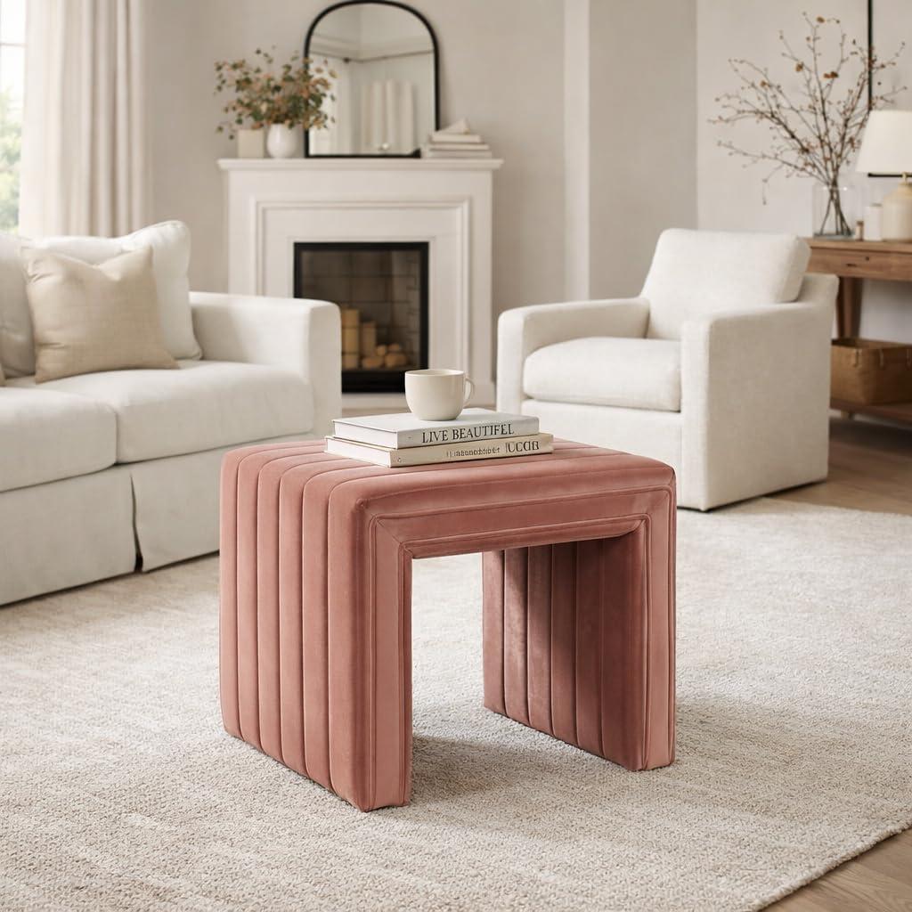 imageHomePop Modern Channel Tufted Velvet OttomanHomepop Home DcorOttoman for Living Room amp Bedroom GreenBlush Pink