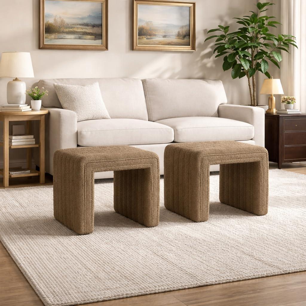 imageHomePop Modern Channel Tufted Velvet OttomanHomepop Home DcorOttoman for Living Room amp Bedroom GreenBrown Boucle