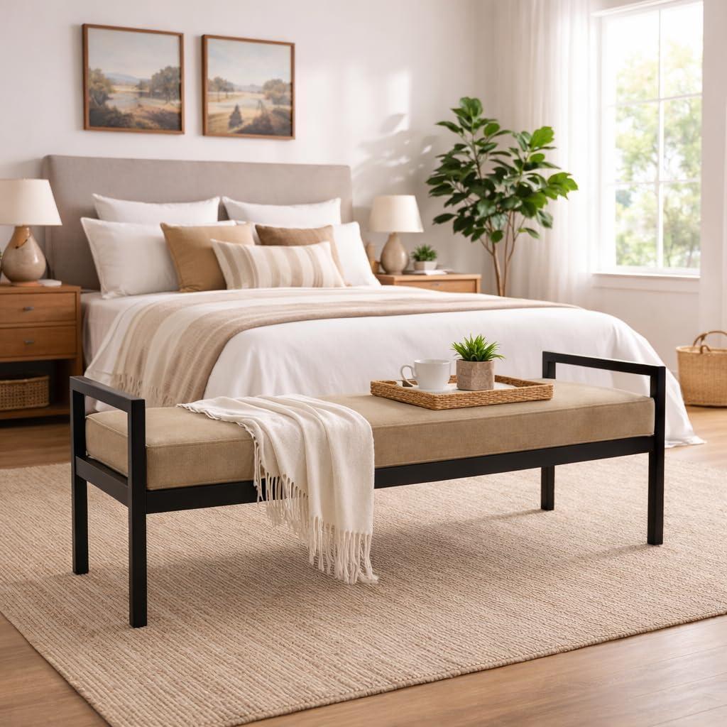imageHomePop Modern Metal BenchBench for Living Room amp Bedroom Decorative Home Furniture Brown BoucleFawn Velvet