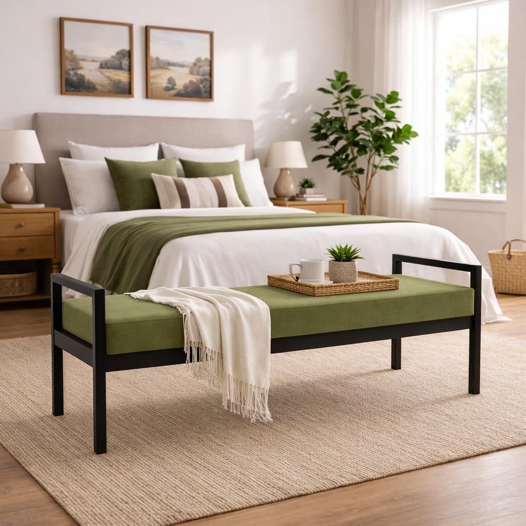 imageHomePop Modern Metal BenchBench for Living Room amp Bedroom Decorative Home Furniture Brown BoucleLight Sage Green Velvet
