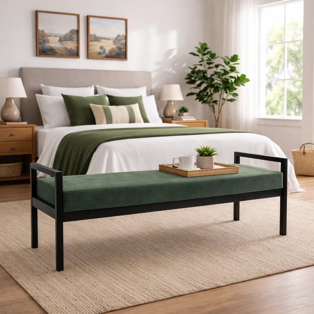 imageHomePop Modern Metal BenchBench for Living Room amp Bedroom Decorative Home Furniture Brown BoucleLoden Green Velvet