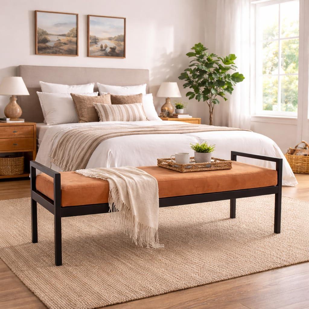 imageHomePop Modern Metal BenchBench for Living Room amp Bedroom Decorative Home Furniture Brown BoucleSpice Velvet