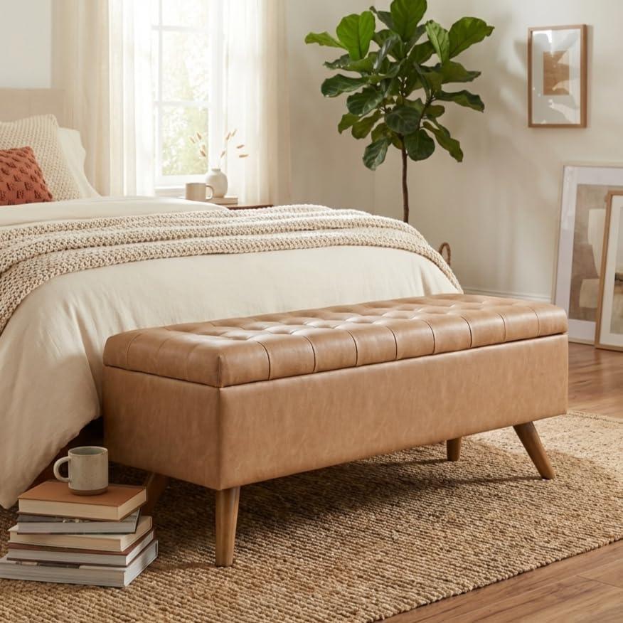 imageHomePop Modern Storage Bench Blue LargeSand Faux Leather