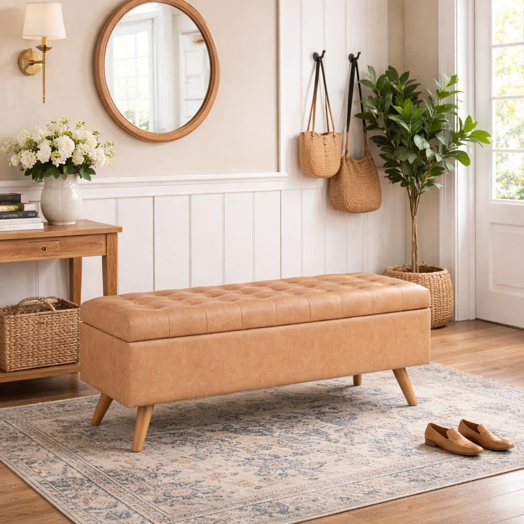 imageHomePop Modern Storage Bench Blue LargeSand Faux Leather