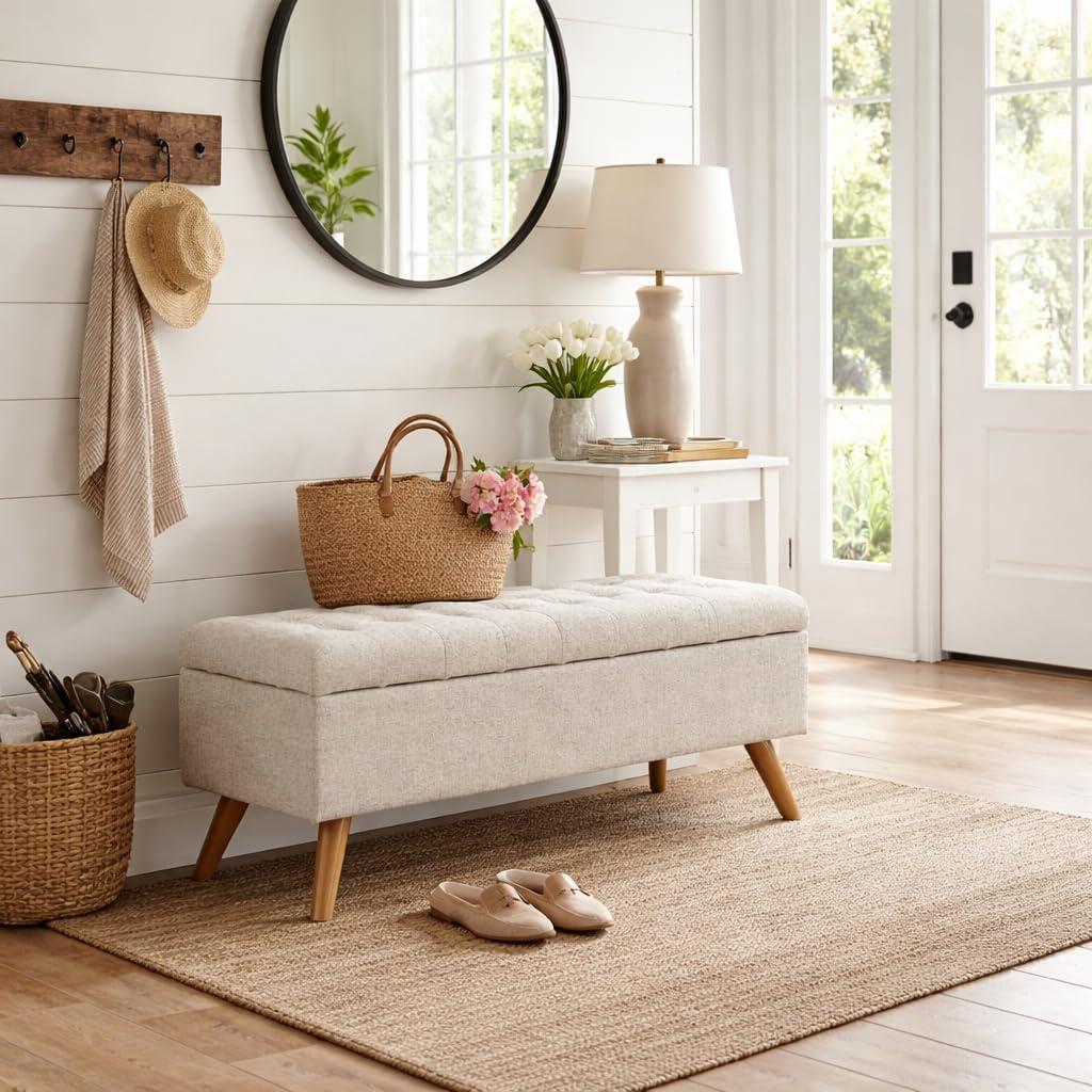 imageHomePop Modern Storage Bench Green LargeTextured Cream Fabric