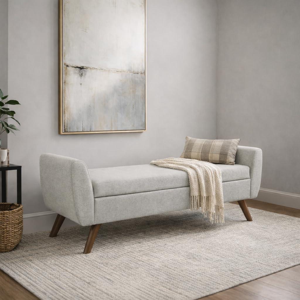imageHomePop Modern Storage Bench with Wood Legs Homepop Home DcorBench with Storage for Living Room amp Bedroom Faux Leather BrownLight Gray Woven