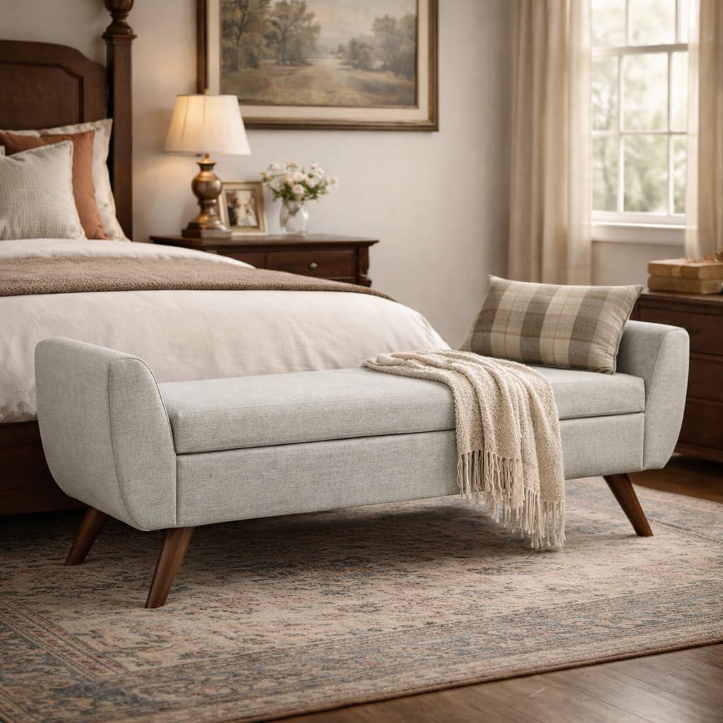 imageHomePop Modern Storage Bench with Wood Legs Homepop Home DcorBench with Storage for Living Room amp Bedroom Faux Leather BrownLight Gray Woven