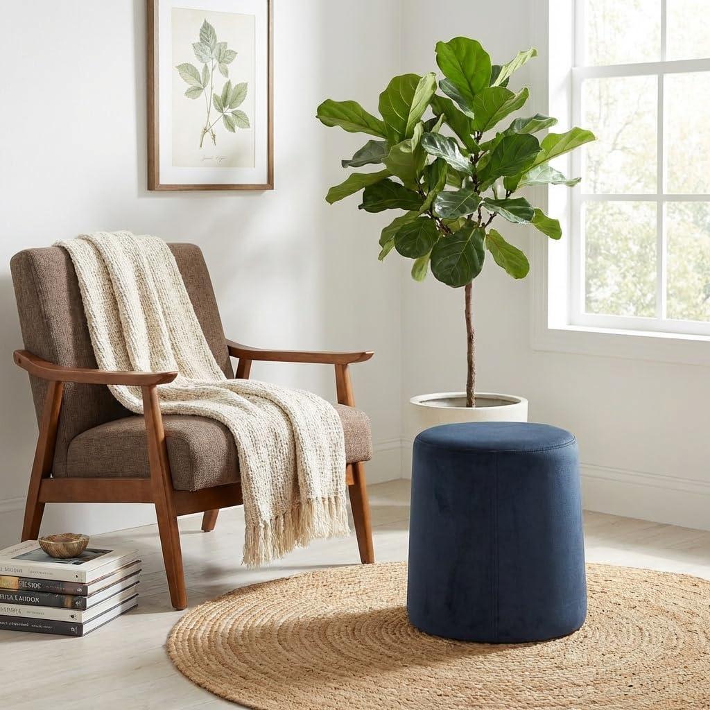 imageHomePop Organic Shape Ottoman No Lid Seat Only HomePop Home Dcor Round Pouf Foot Rest Blue VelvetBlue Velvet
