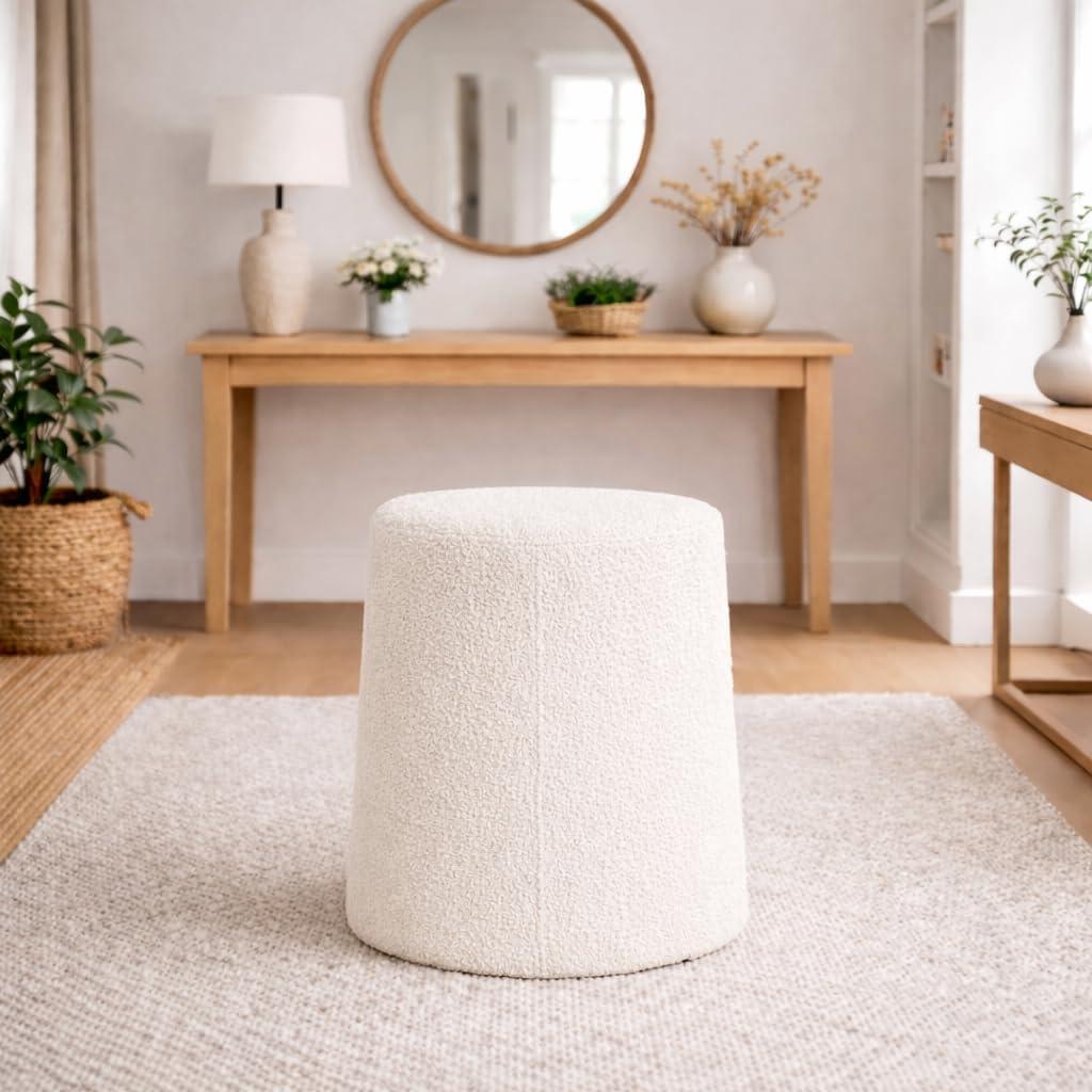 imageHomePop Organic Shape Ottoman No Lid Seat Only HomePop Home Dcor Round Pouf Foot Rest Blue VelvetCream Boucle