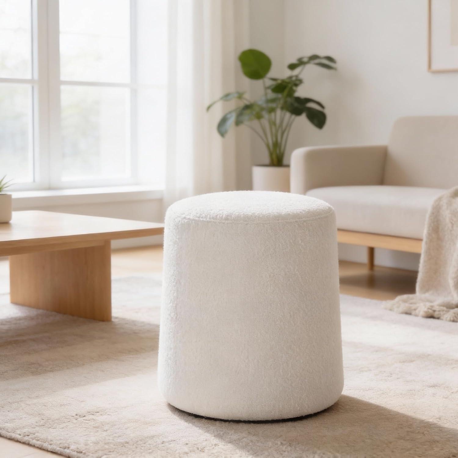 imageHomePop Organic Shape Ottoman No Lid Seat Only HomePop Home Dcor Round Pouf Foot Rest Blue VelvetCream Boucle