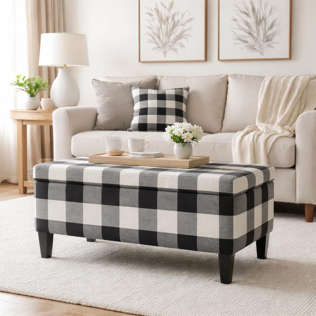 imageHomePop Ottomon Upholstered Rectangular Storage Ottoman Bench with Hinged Lid Brown and Cream LargeBlack Plaid