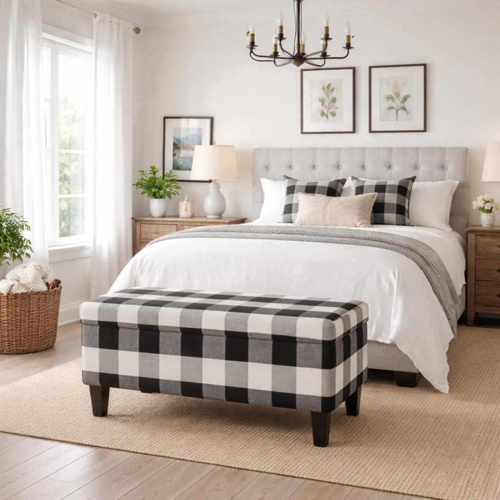 imageHomePop Ottomon Upholstered Rectangular Storage Ottoman Bench with Hinged Lid Brown and Cream LargeBlack Plaid