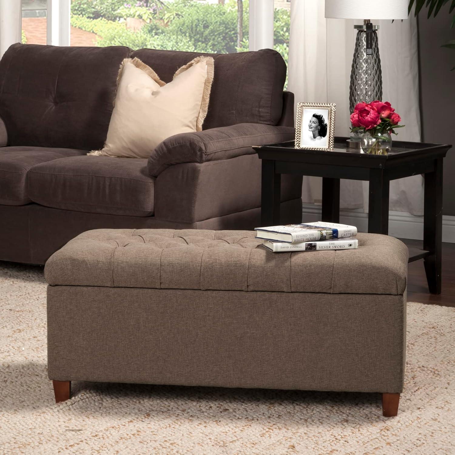 imageHomePop Ottomon Upholstered Rectangular Storage Ottoman Bench with Hinged Lid Brown and Cream LargeBrown