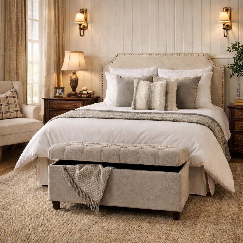 imageHomePop Ottomon Upholstered Rectangular Storage Ottoman Bench with Hinged Lid Brown and Cream LargeGrey