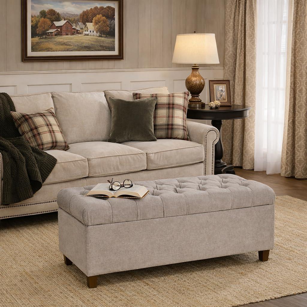 imageHomePop Ottomon Upholstered Rectangular Storage Ottoman Bench with Hinged Lid Brown and Cream LargeGrey