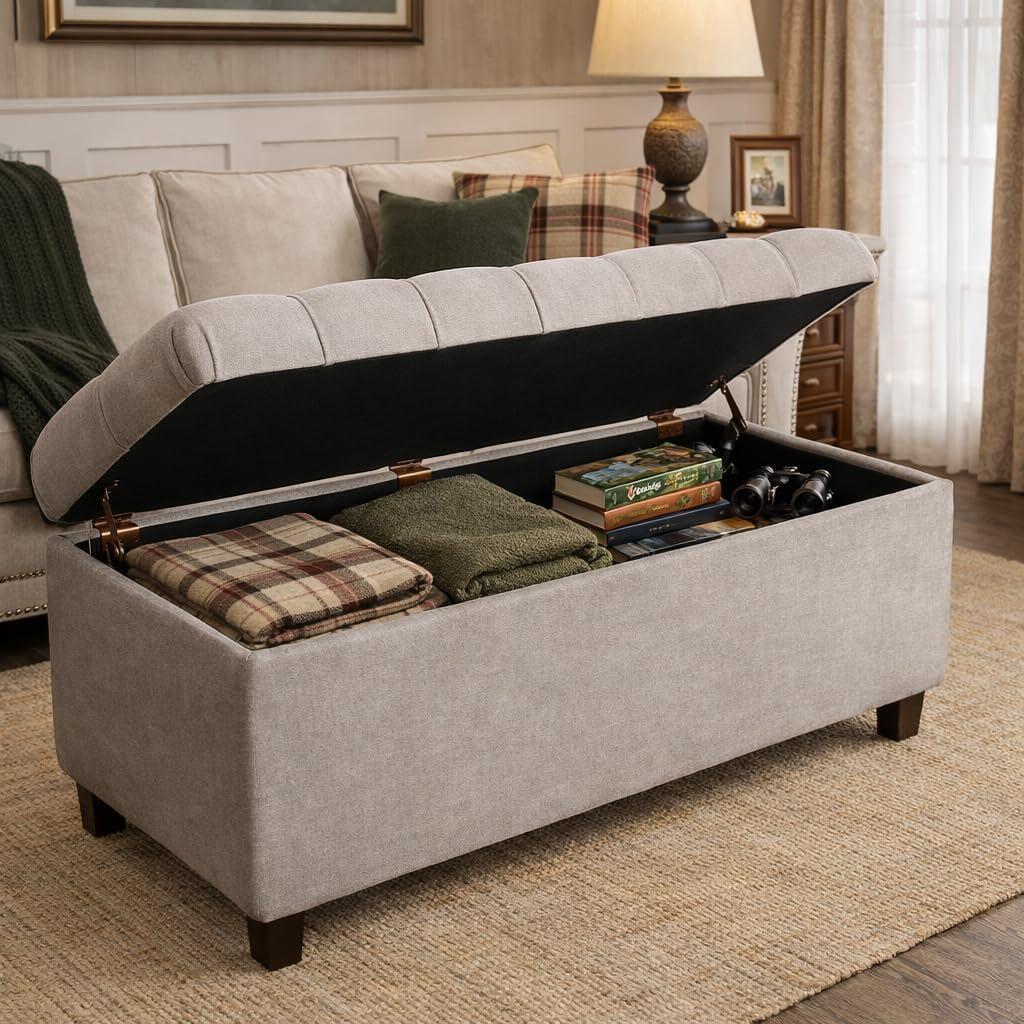 imageHomePop Ottomon Upholstered Rectangular Storage Ottoman Bench with Hinged Lid Brown and Cream LargeGrey