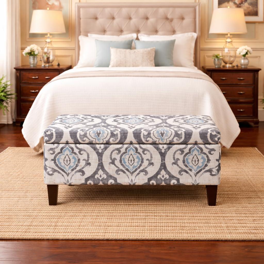 imageHomePop Ottomon Upholstered Rectangular Storage Ottoman Bench with Hinged Lid Brown and Cream LargeSlate Damask