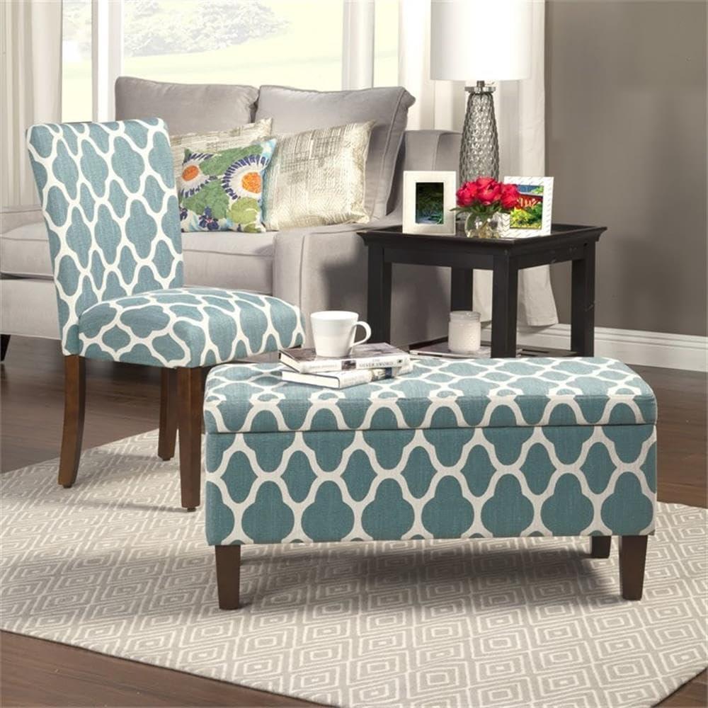 imageHomePop Ottomon Upholstered Rectangular Storage Ottoman Bench with Hinged Lid Brown and Cream LargeTeal Blue Geometric