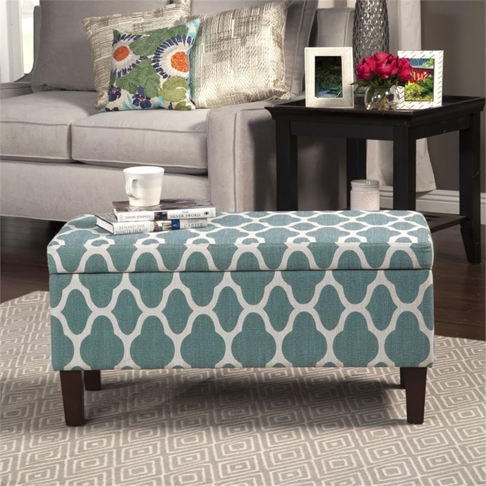 imageHomePop Ottomon Upholstered Rectangular Storage Ottoman Bench with Hinged Lid Brown and Cream LargeTeal Blue Geometric