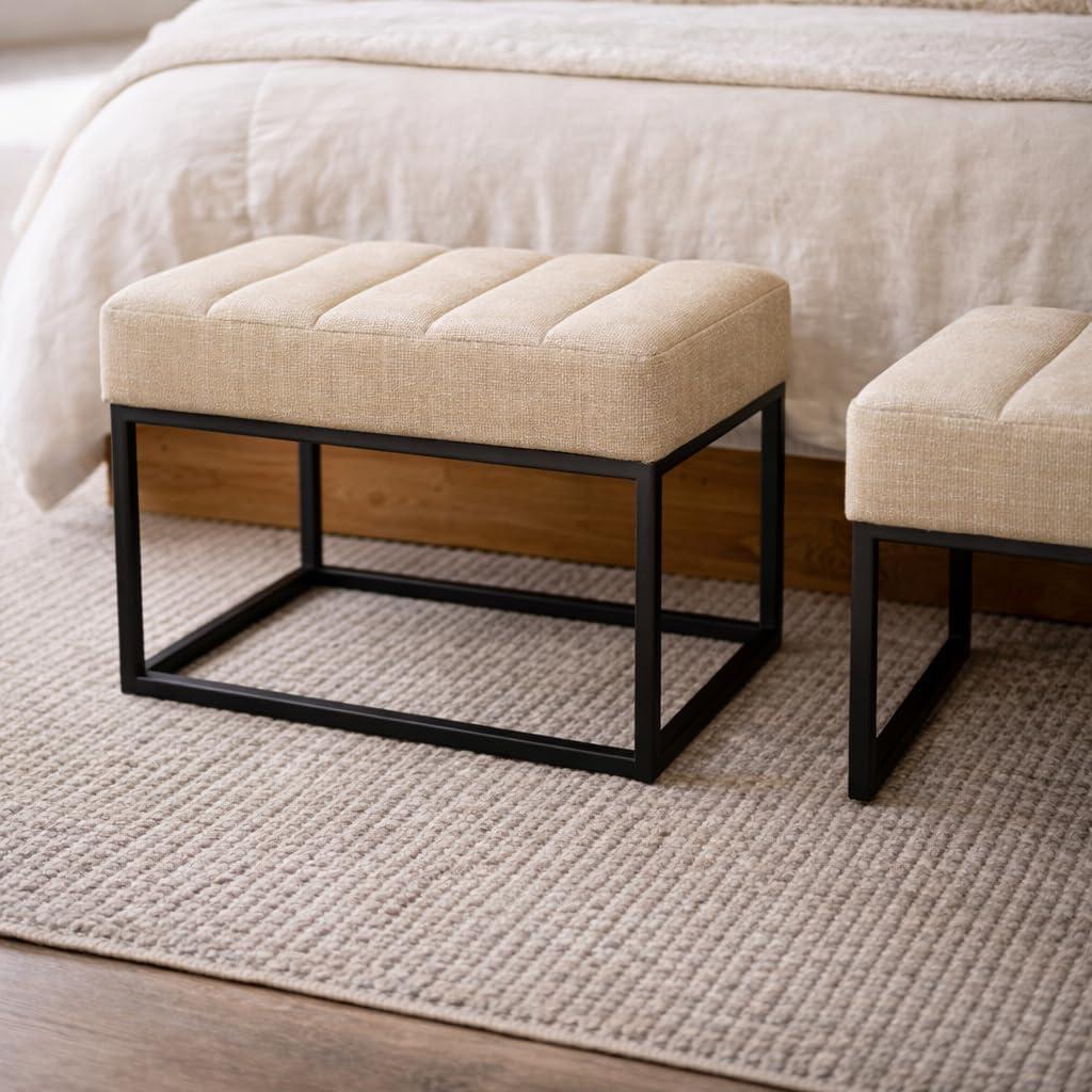 imageHomePop Theodore Channel Tufted Small Ottoman Brown Faux LeatherLight Tan Textured Solid