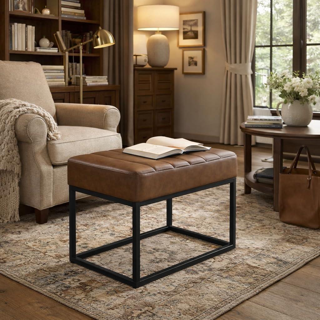 imageHomePop Theodore Decorative Bench with Metal Base Brown PU LeatherBrown Faux Leather