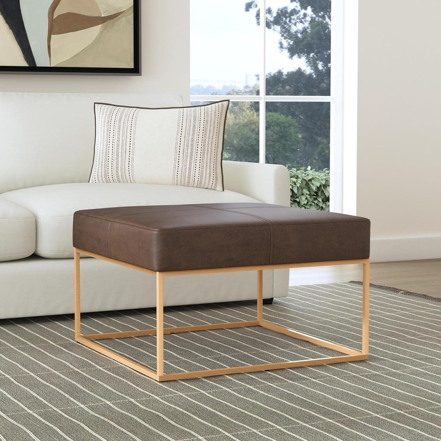 imageHomePop Theodore Decorative Bench with Metal Base Brown PU LeatherBrown Faux Leather