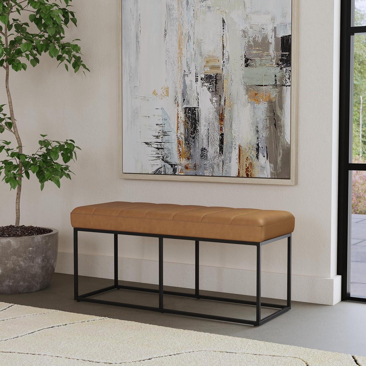imageHomePop Theodore Decorative Bench with Metal Base Brown PU LeatherCarmel Faux Leather
