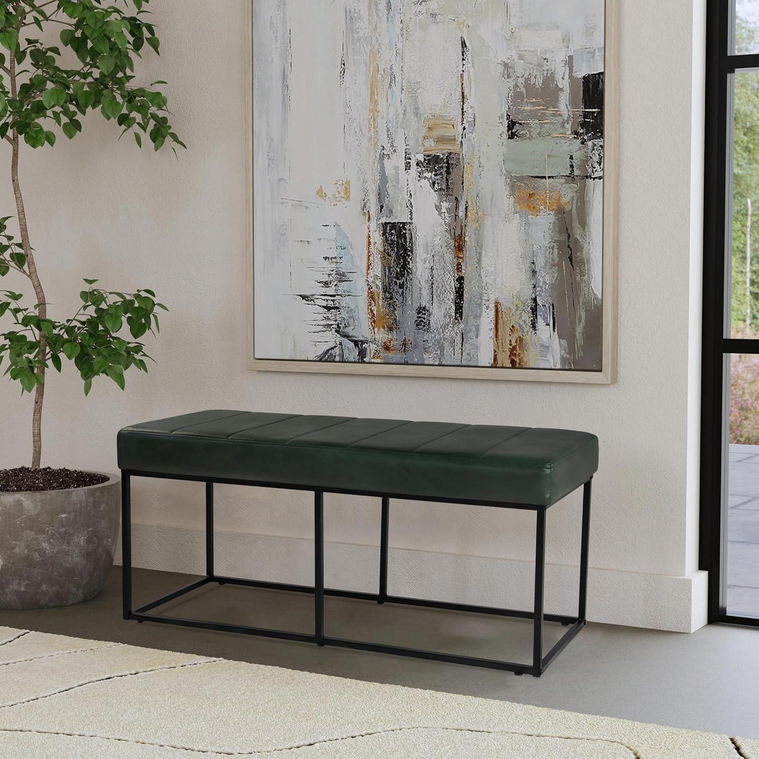 imageHomePop Theodore Decorative Bench with Metal Base Brown PU LeatherDeep Forest Green Faux Suede