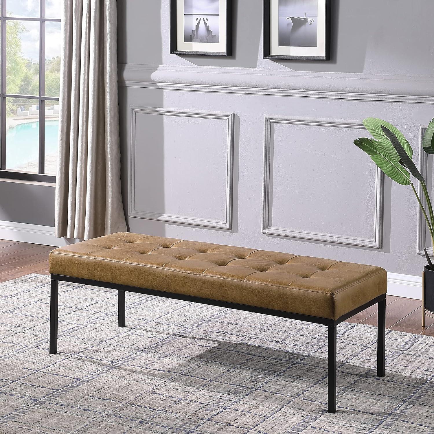 imageHomePop Tufted Metal Bench Light Brown Vegan LeatherIvory Leather