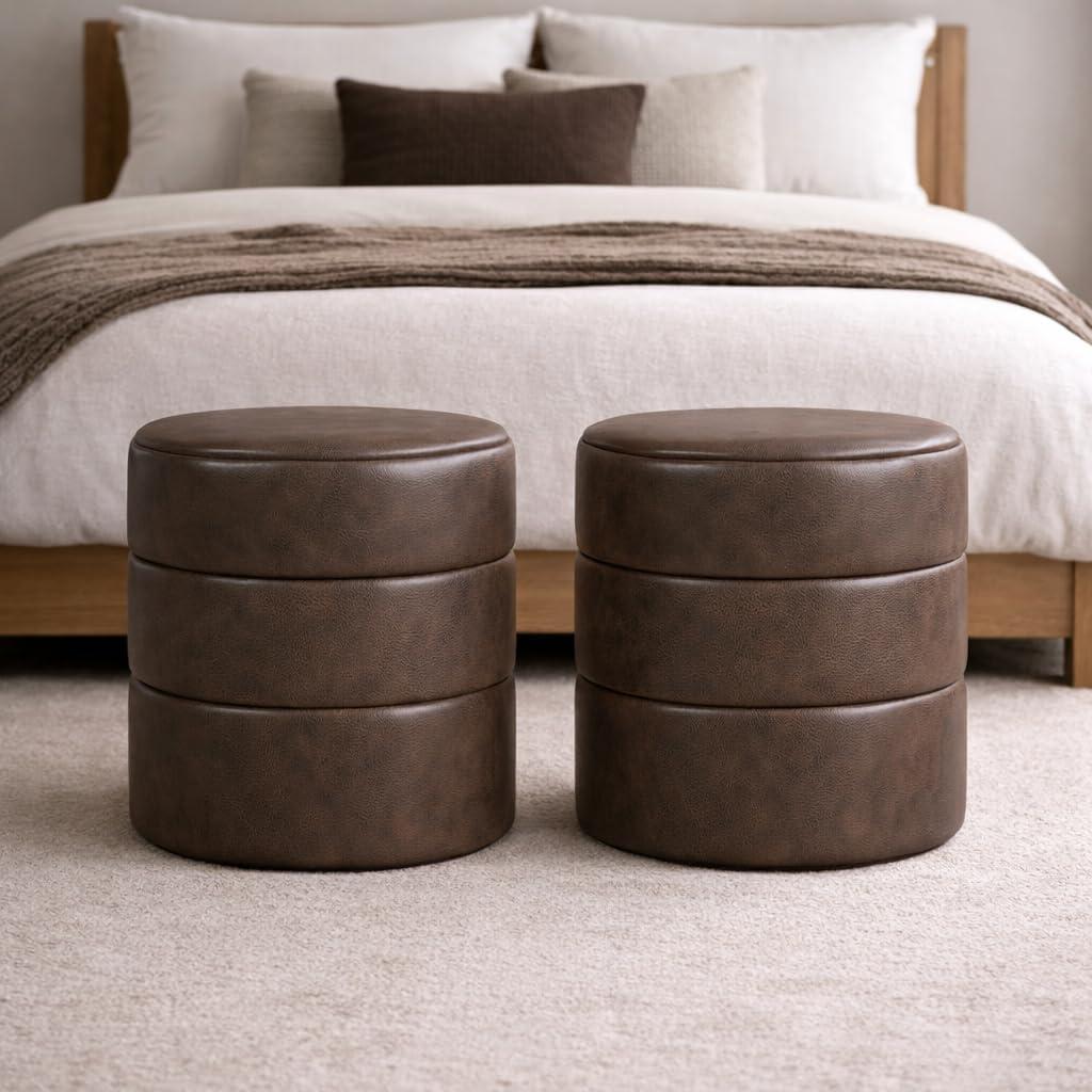 imageHomePop Upholstered Faux Leather Round Ottoman No Lid Seat Only HomePop Home Dcor Round Pouf Foot Rest Sand Faux LeatherBrown Faux Leather