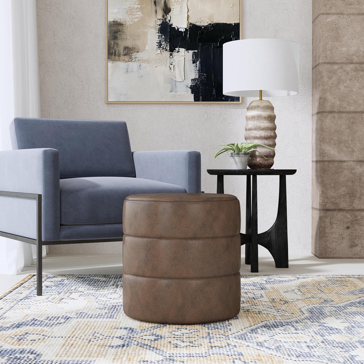 imageHomePop Upholstered Faux Leather Round Ottoman No Lid Seat Only HomePop Home Dcor Round Pouf Foot Rest Sand Faux LeatherBrown Faux Leather