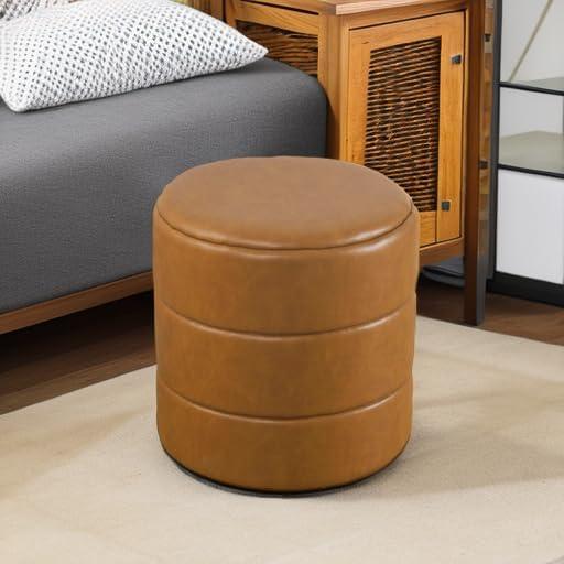 imageHomePop Upholstered Faux Leather Round Ottoman No Lid Seat Only HomePop Home Dcor Round Pouf Foot Rest Sand Faux LeatherCarmel Brown