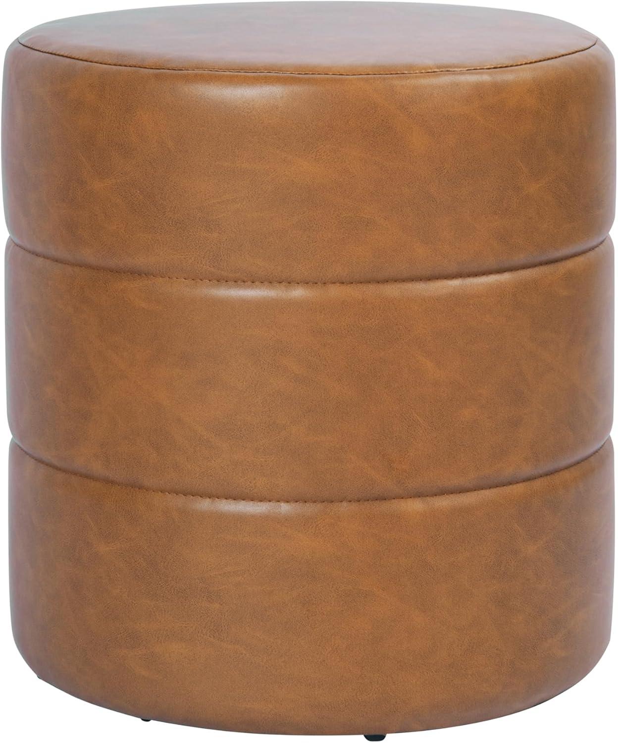 imageHomePop Upholstered Faux Leather Round Ottoman No Lid Seat Only HomePop Home Dcor Round Pouf Foot Rest Sand Faux LeatherCarmel Brown