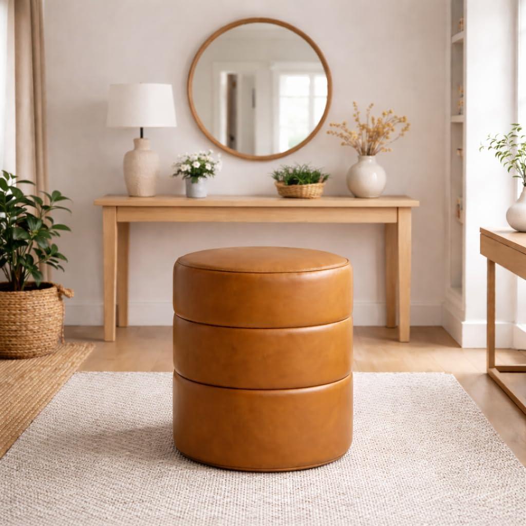 imageHomePop Upholstered Faux Leather Round Ottoman No Lid Seat Only HomePop Home Dcor Round Pouf Foot Rest Sand Faux LeatherCarmel Brown