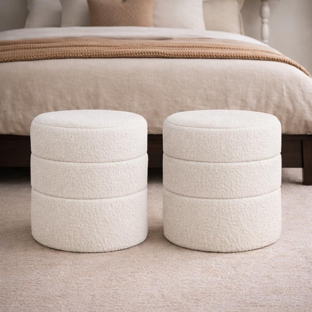 imageHomePop Upholstered Faux Leather Round Ottoman No Lid Seat Only HomePop Home Dcor Round Pouf Foot Rest Sand Faux LeatherCream Boucle