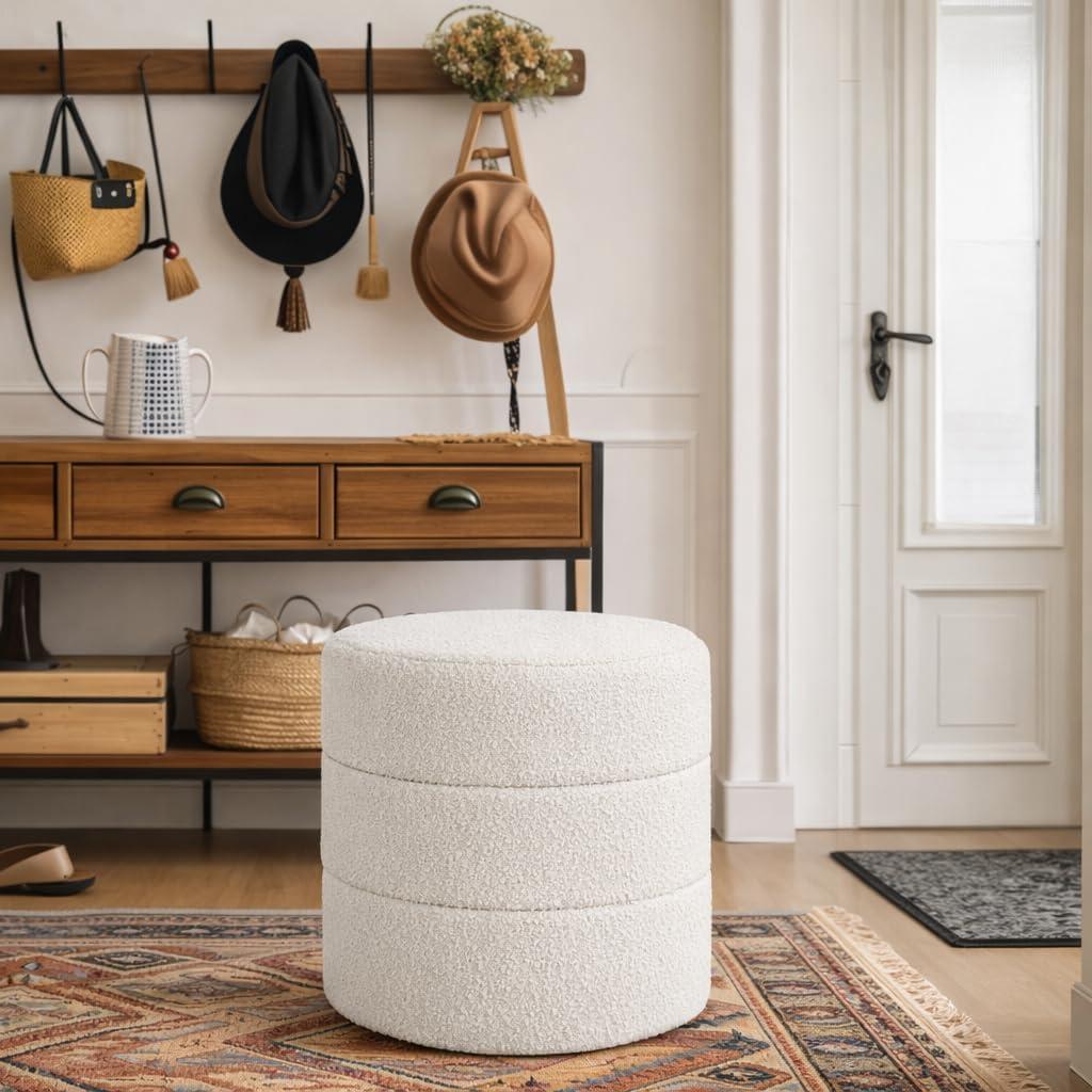 imageHomePop Upholstered Faux Leather Round Ottoman No Lid Seat Only HomePop Home Dcor Round Pouf Foot Rest Sand Faux LeatherCream Boucle