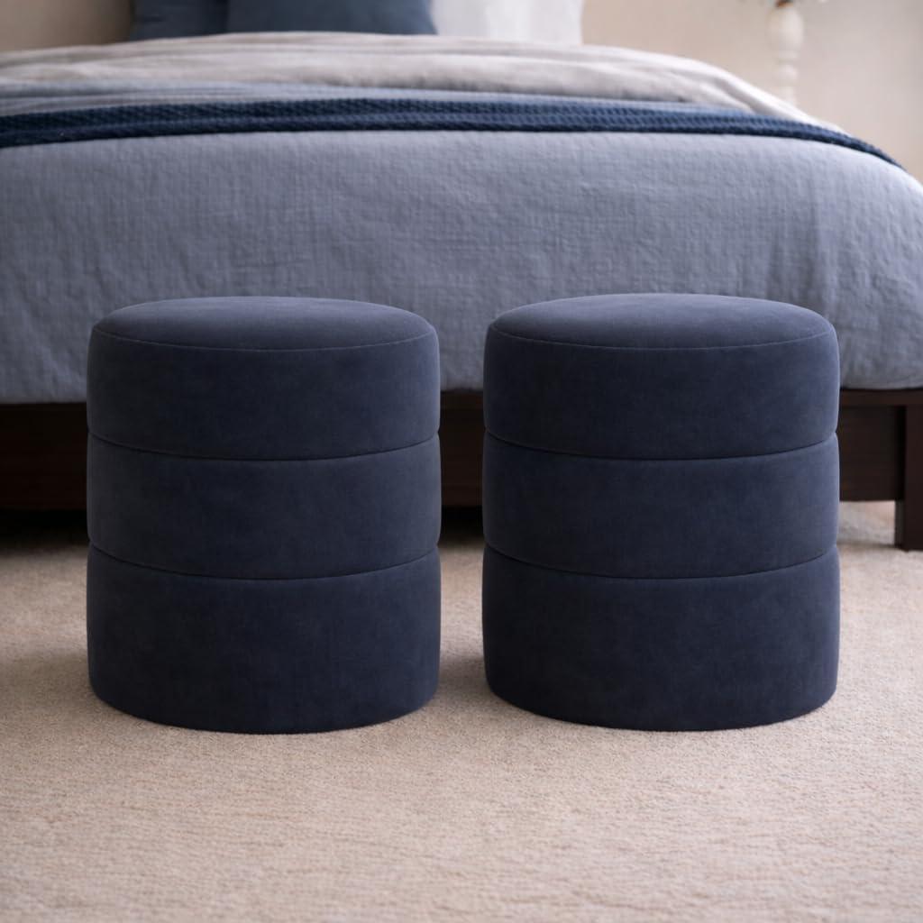 imageHomePop Upholstered Faux Leather Round Ottoman No Lid Seat Only HomePop Home Dcor Round Pouf Foot Rest Sand Faux LeatherSteel Blue Velvet