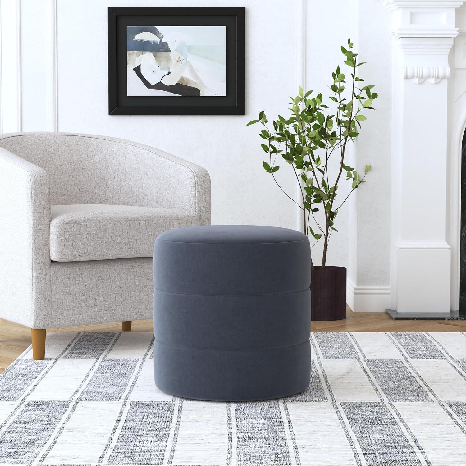 imageHomePop Upholstered Faux Leather Round Ottoman No Lid Seat Only HomePop Home Dcor Round Pouf Foot Rest Sand Faux LeatherSteel Blue Velvet