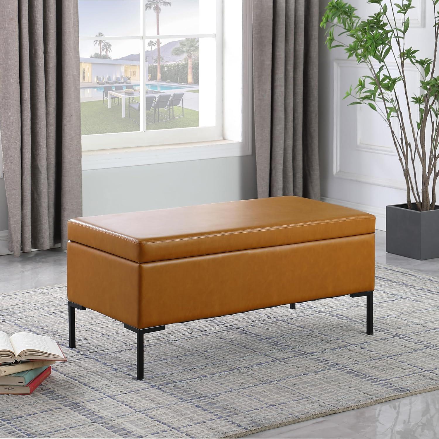 imageHomePop Upholstered Storage Bench with Metal Leg 42 W Carmel Faux LeatherBrown Faux Leather