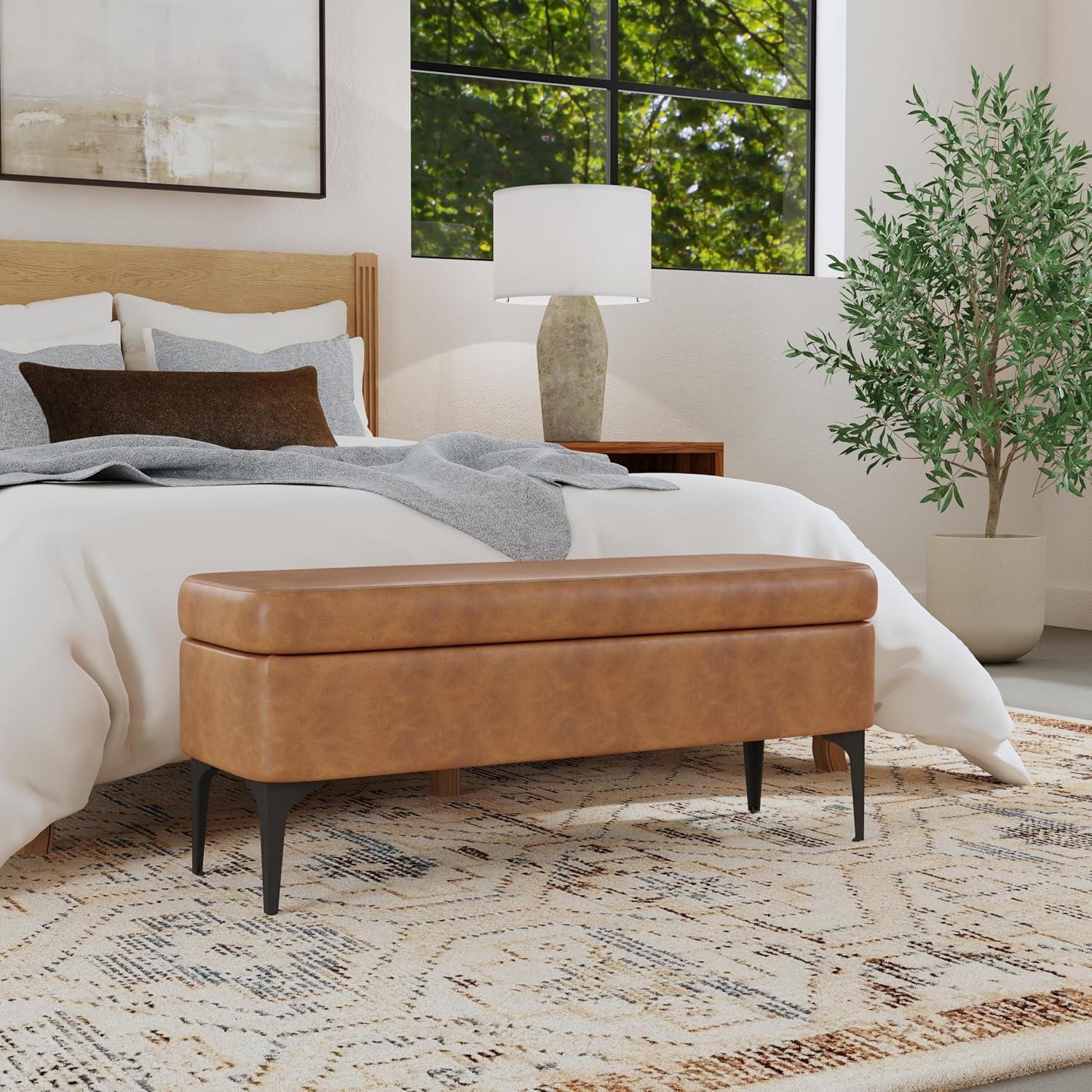 imageHomePop Upholstered Storage Bench with Metal Leg 42 W Carmel Faux LeatherCarmel Faux Leather