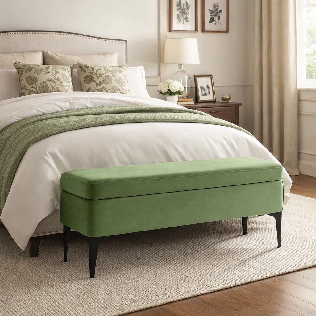 imageHomePop Upholstered Storage Bench with Metal Leg 42 W Carmel Faux LeatherGreen Velvet