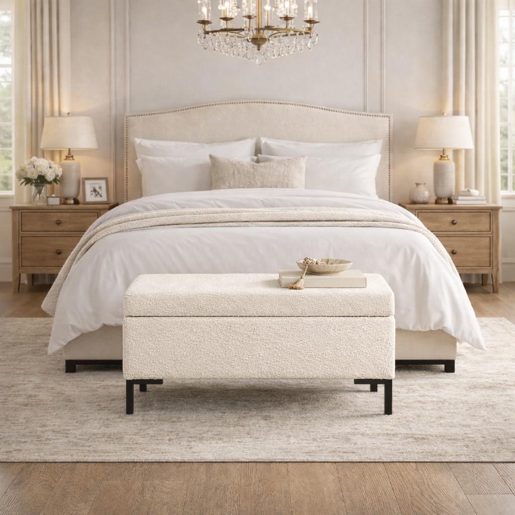 imageHomePop Upholstered Storage Bench with Metal Leg 42 W Carmel Faux LeatherOffwhite Boucle